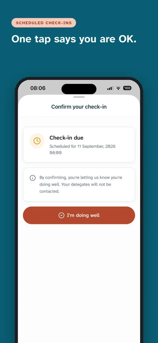 Un Check-in attendu à une date et une heure fixées, avec un seul bouton Je vais bien