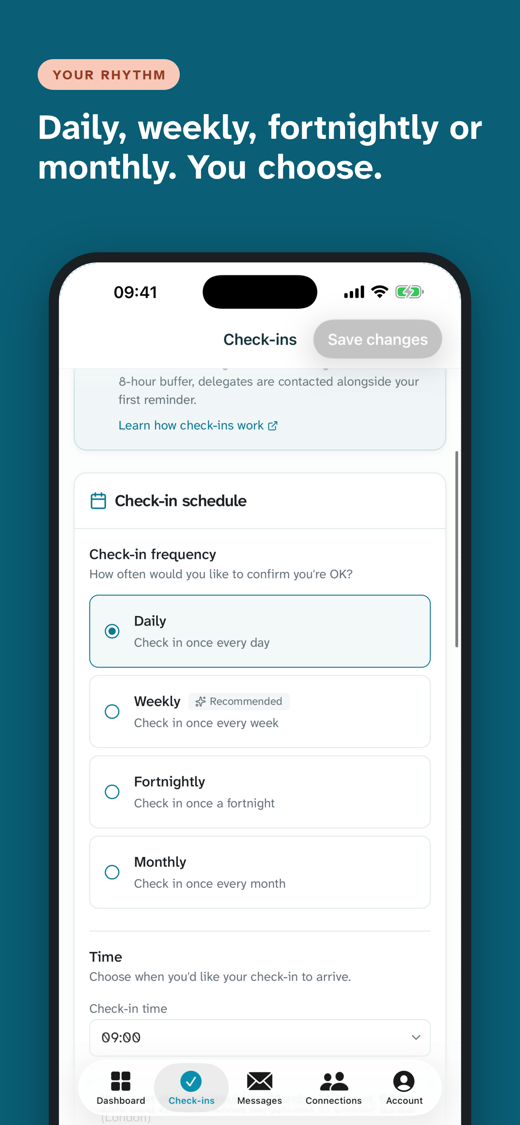 Check-in schedule settings: daily, weekly, fortnightly or monthly, and the time of day