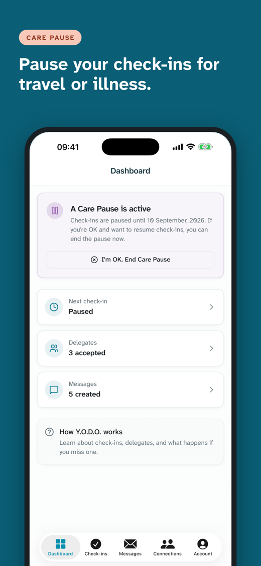 Dashboard showing an active Care Pause with Check-ins paused until a set date