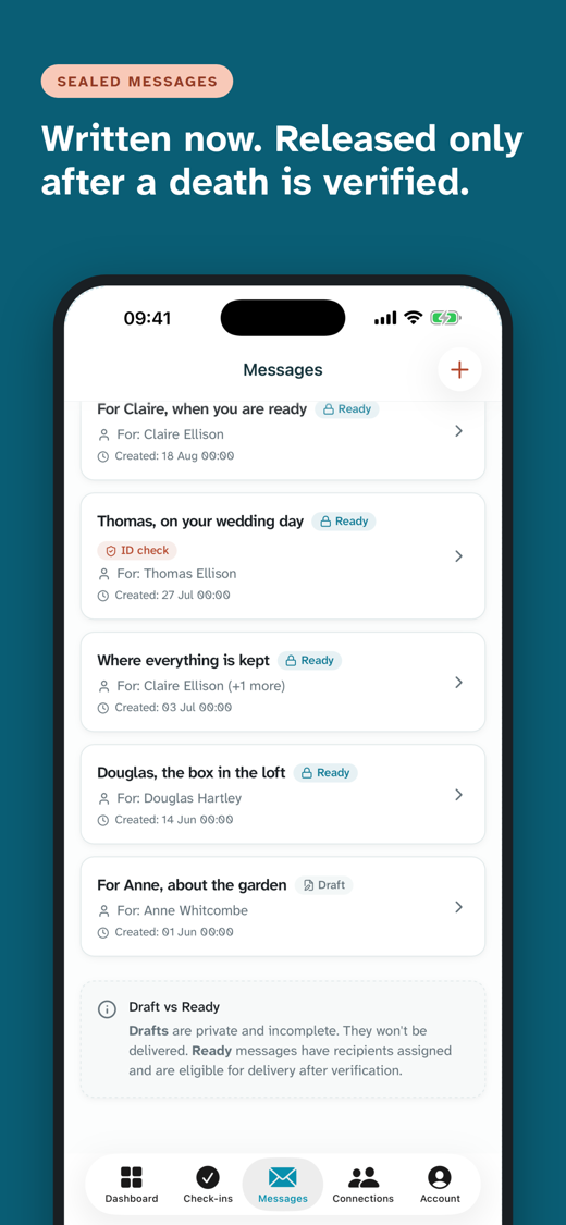 Messages list: sealed Messages for named Recipients, marked Ready or Draft