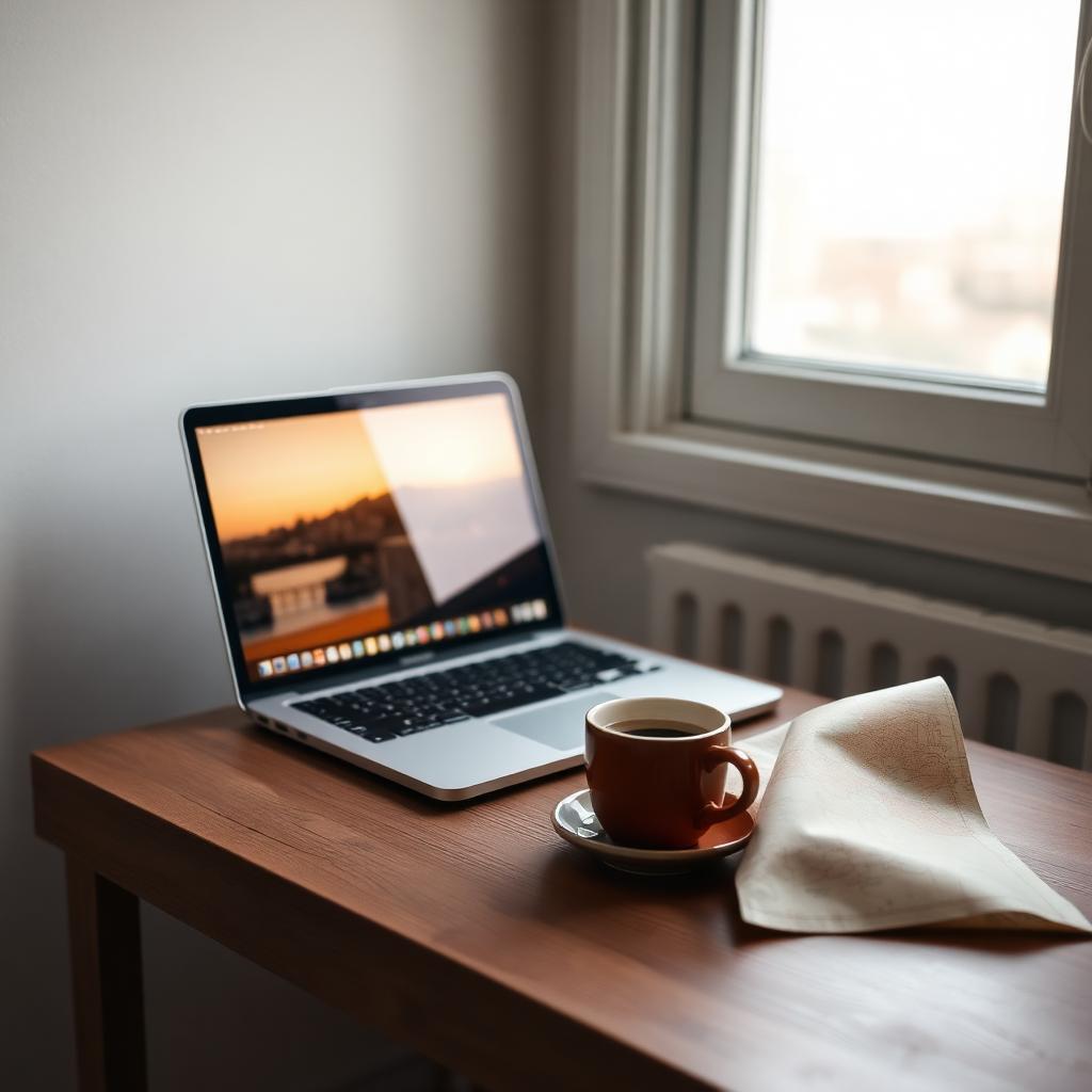 A laptop and a small cup of Greek coffee on a wooden table by a window, soft natural light, evoking distance and quiet connection.