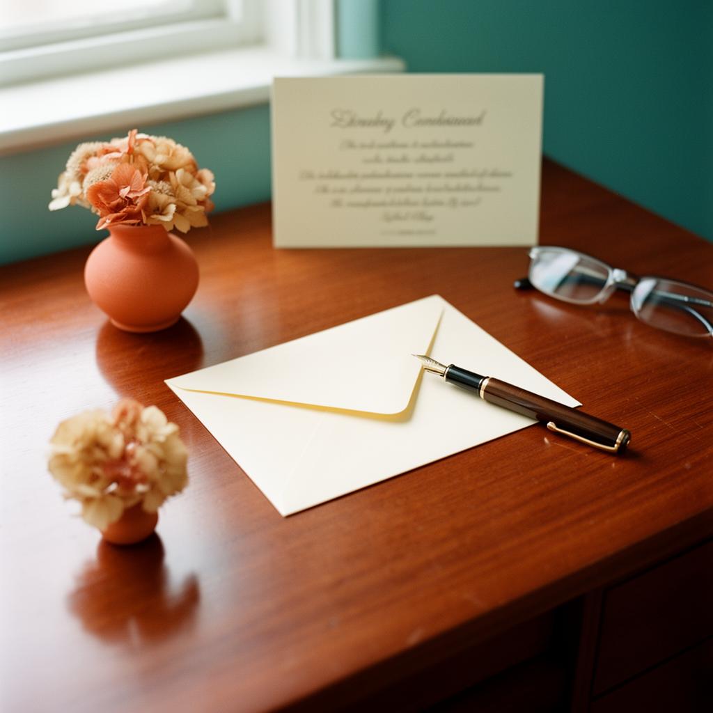 A calm editorial photograph of a wooden desk with a cream envelope, fountain pen, and dried flowers in soft natural light.