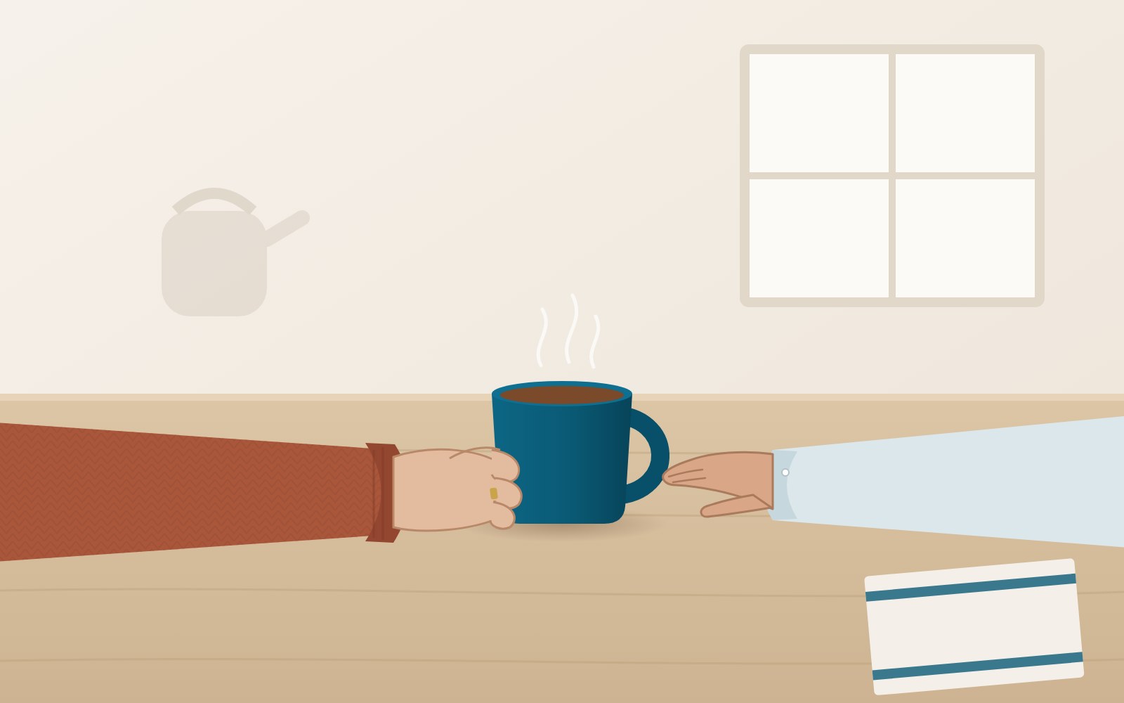 Eine Illustration eines Küchentischs bei Tageslicht. Von links schiebt eine ältere Hand in einem Strickärmel eine petrolfarbene Tasse Tee hinüber, von rechts greift eine jüngere Hand mit Hemdmanschette danach.