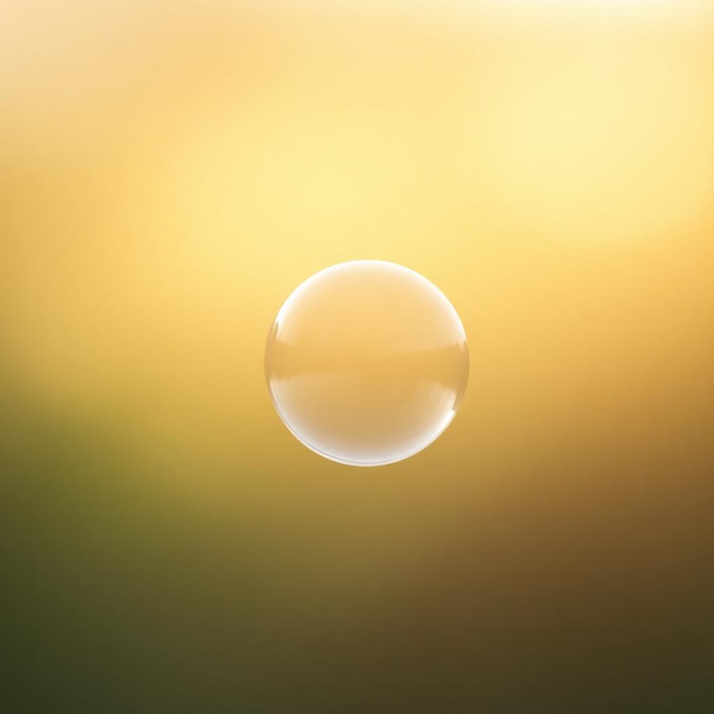 A single translucent bubble suspended in soft, warm morning light against a muted sage and cream background.