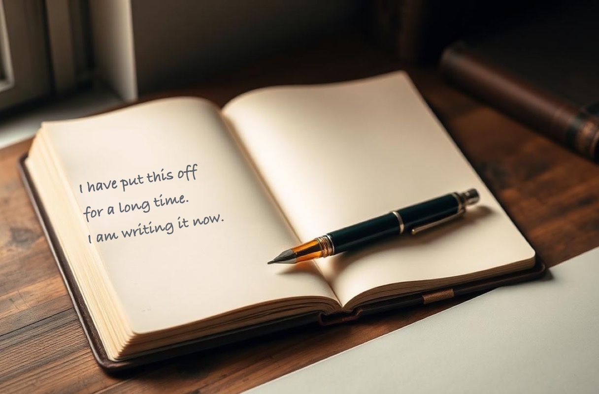 An open notebook on a wooden desk beside a fountain pen, a letter just begun on the left page in handwriting: “I have put this off for a long time. I am writing it now.”