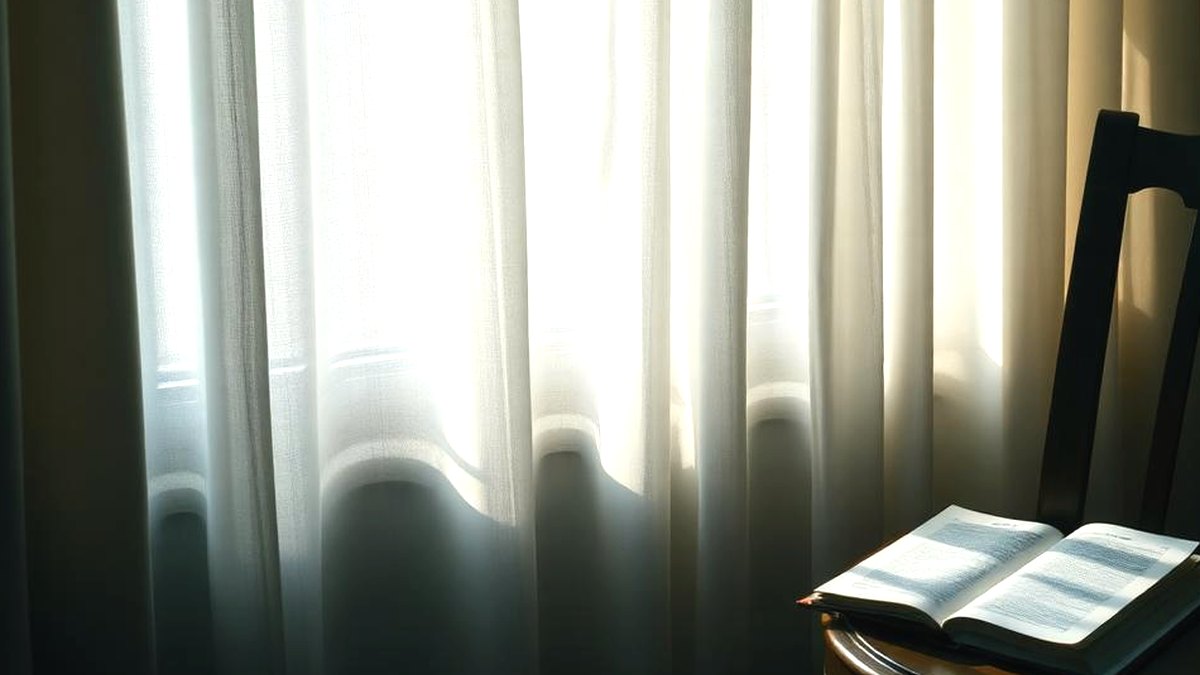 A quiet room in daylight, with sunlight through a linen curtain and an open book left on a wooden chair.
