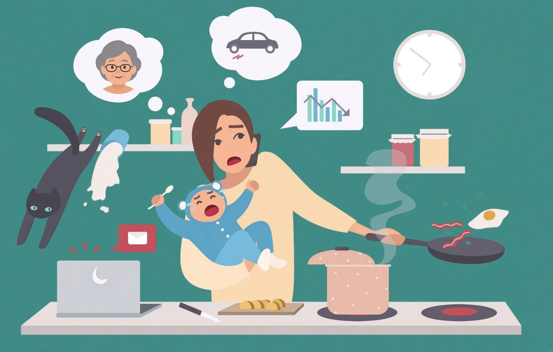 An illustration of a woman in a kitchen holding a crying baby, a phone at her ear and a frying pan in her hand, thinking at once about an older woman and a broken-down car while the clock runs on.