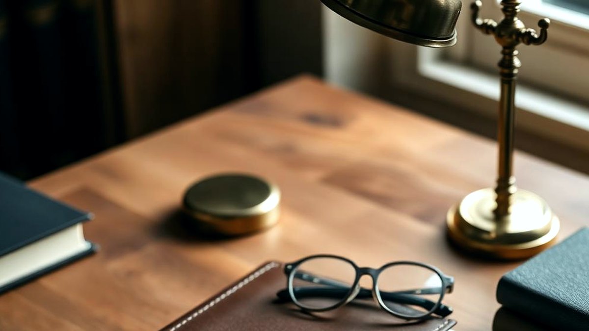 A solicitor's desk in window light: reading glasses resting on a leather folder, a brass lamp, and hardback books stacked at the edge.