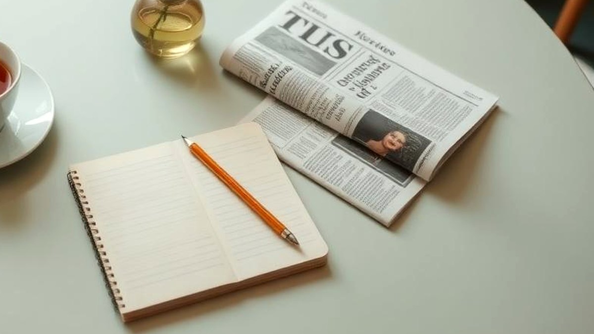 An open spiral notebook and a pencil on a pale table, beside a folded newspaper and a cup of tea, waiting for a list to be written.
